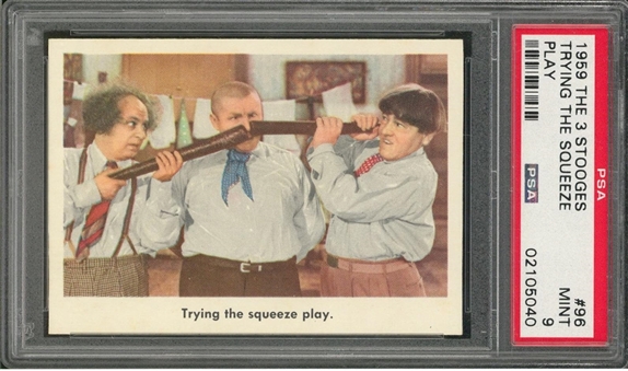 1959 Fleer "Three Stooges" #96 "Trying The Squeeze Play." – PSA MINT 9